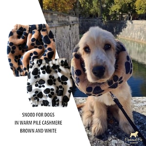 Paws - Dog snood, Made of warm fleece, Paw patterned, Brown and white colors, Cocker spaniel, Dog ears