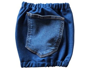 Dog snood with pocket for poop bags, Made of denim fabric, Available in different colors, Protects your dog's ears from grass seeds and dirt