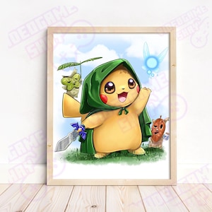 May include: A framed print featuring a yellow Pikachu character dressed in a green hooded cloak, holding a sword. The artwork includes a blue fairy, a small green plant, and a brown creature. The background is a blue sky with white clouds.