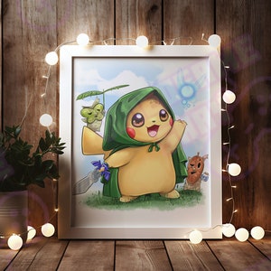 May include: A framed art print featuring a yellow Pikachu character in a green hooded cloak, holding a sword. The artwork includes other cartoon characters and a blue fairy. The background is a sky with clouds.