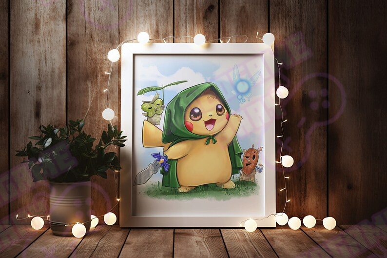 May include: A framed art print featuring a yellow Pikachu character in a green hooded cloak, holding a sword. The artwork includes other cartoon characters and a blue fairy. The background is a sky with clouds.