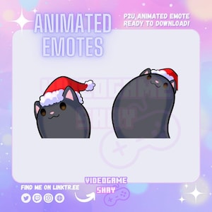 以下が含まれることがあります： 赤いサンタ帽子の黒い猫のアニメーションエモートが2つ。左側の猫は右を見ていて、右側の猫は左を見ています。画像の上部には「ANIMATED EMOTES」というテキストがあり、右上には「P2U, ANIMATED EMOTE READY TO DOWNLOAD!」というテキストがあります。画像の左下には「FIND ME ON LINKTR.EE」というテキストがあり、右下には「VIDEOGAME SHAY」というテキストがあります。