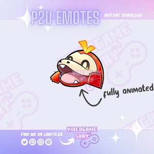 May include: A red and yellow animated cartoon character with a wide open mouth and a surprised expression. The character is labeled "P2U Emotes" and "fully animated!" The text "FIND ME ON LINKTR.EE" is at the bottom of the image.