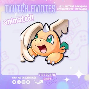 Könnte beinhalten: Animierter Twitch-Emote mit einer Cartoon-Figur mit orangefarbenen, weißen und grünen Akzenten. Der Text "TWITCH EMOTES animated!" wird oben angezeigt. Das Bild hat einen lila und weißen Hintergrund mit Social-Media-Symbolen.