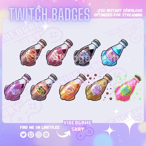 Könnte beinhalten: Ein digitales Grafikdesign mit acht Twitch-Badges in Form von Zaubertränken. Jede Flasche hat ein einzigartiges Design und Farbe, mit Texten wie "Wild" und "Muka Cherry". Der Hintergrund ist ein sanftes Lila mit dem Text "Twitch Badges".