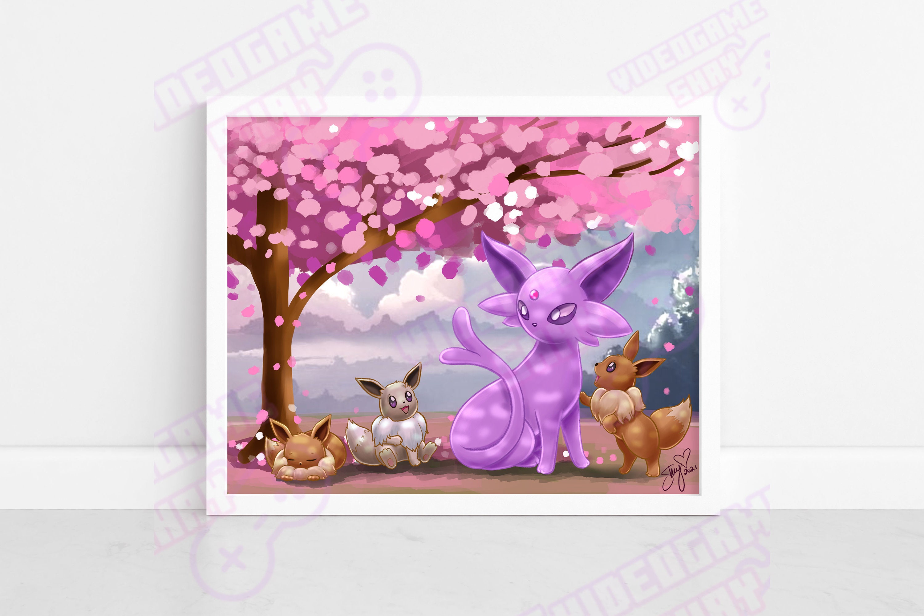 エーフィ＆イーブイ：春の桜のアートプリント | ポケモン
