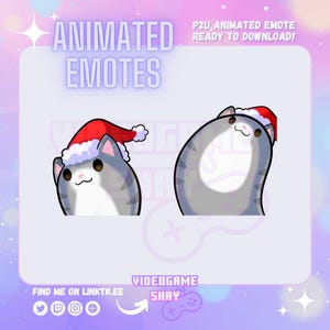 以下が含まれることがあります： 赤いサンタ帽子のグレーとホワイトの猫のアニメーションクリスマス猫エモート。画像の上部に「P2U, ANIMATED EMOTE READY TO DOWNLOAD!」というテキストがあります。画像の下部に「FIND ME ON LINKTR.EE」というテキストがあります。画像の下部に「VIDEOGAME SHAY」というテキストもあります。