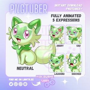 Puede incluir: Un personaje animado verde y blanco con cinco expresiones diferentes: neutral, enojado, triste, riendo y sorprendido. El personaje es un zorro de dibujos animados con ojos grandes y una cola esponjosa. El texto "PNGTUBER" y "FULLY ANIMATED 5 EXPRESSIONS" est&aacute; en la parte superior de la imagen. El texto "FIND ME ON LINKTR.EE" est&aacute; en la parte inferior de la imagen.
