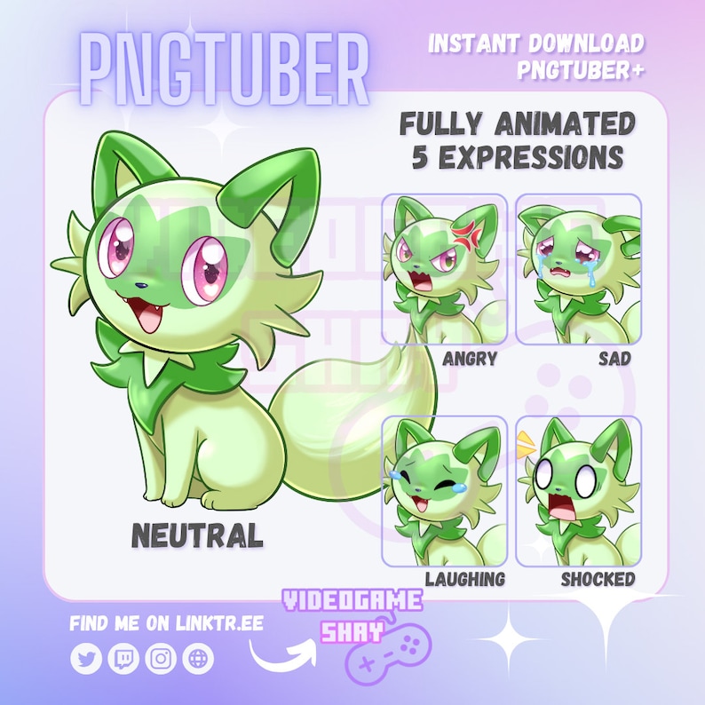 Puede incluir: Un personaje animado verde y blanco con cinco expresiones diferentes: neutral, enojado, triste, riendo y sorprendido. El personaje es un zorro de dibujos animados con ojos grandes y una cola esponjosa. El texto "PNGTUBER" y "FULLY ANIMATED 5 EXPRESSIONS" est&aacute; en la parte superior de la imagen. El texto "FIND ME ON LINKTR.EE" est&aacute; en la parte inferior de la imagen.