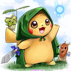May include: A digital illustration of Pikachu dressed as Link from The Legend of Zelda, wearing a green cloak and holding a sword. Other characters from the Zelda series are also present. The artwork is set against a grassy field and blue sky.