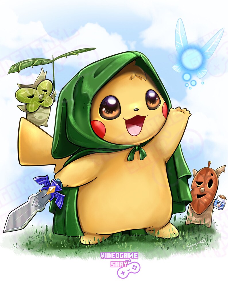 May include: A digital illustration of Pikachu dressed as Link from The Legend of Zelda, wearing a green cloak and holding a sword. Other characters from the Zelda series are also present. The artwork is set against a grassy field and blue sky.