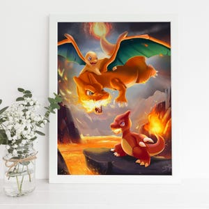 May include: A framed print featuring three cartoon characters: a Charizard with orange wings, a Charmander, and a Charmeleon. The artwork depicts a fiery landscape with lava and flames, with the Charizard and Charmander in the air.