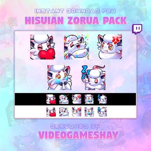 Puede incluir: Un conjunto de 9 emotes de Twitch con un Pokémon Zorua de Hisui en varias poses. Los emotes incluyen un corazón, confeti, una cara dormida y una cara llorando. Los emotes están diseñados por Videogameshay.
