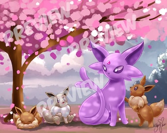 エーフィ＆イーブイ：春の桜のアートプリント | ポケモン