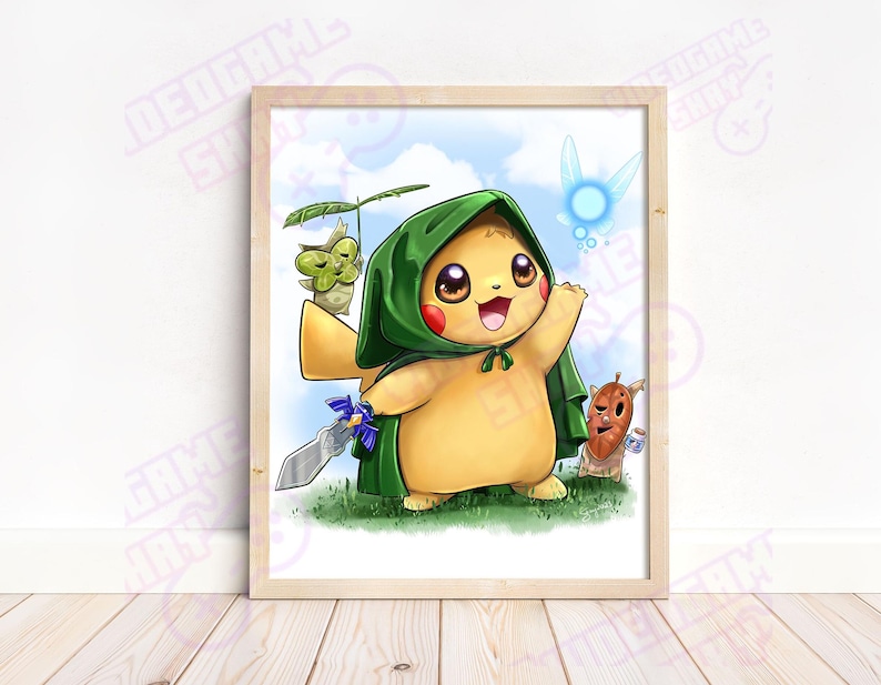 May include: A framed print featuring a yellow Pikachu character dressed in a green hooded cloak, holding a sword. The artwork includes a blue fairy, a small green plant, and a brown creature. The background is a blue sky with white clouds.