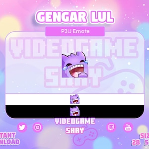 Puede incluir: Un personaje morado de Gengar con un emoji de cara llorando y riendo. El texto "GENGAR LUL" está en la parte superior de la imagen. El texto "P2U Emote" está en un cuadro rosa debajo del título. El texto "VIDEOGAME SHAY" está en un cuadro blanco debajo del personaje. El texto "INSTANT DOWNLOAD" está en un cuadro rosa en la parte inferior izquierda de la imagen. El texto "SIZES 28 56 112" está en un cuadro rosa en la parte inferior derecha de la imagen.