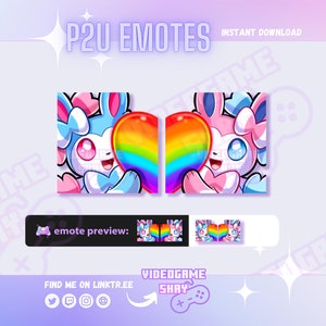 Op de afbeelding: Twee cartoon-emoticons met een roze en blauwe Pokémon-personage dat een regenboog hart vasthoudt. De tekst "emote preview:" wordt onder de emoticons weergegeven.