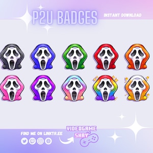 May include: Set of 10 digital badges featuring a cartoon ghost wearing a hooded robe in various colors, including black, blue, green, red, orange, pink, purple, light blue, yellow, and rainbow. The text "P2U Badges" is at the top of the image.