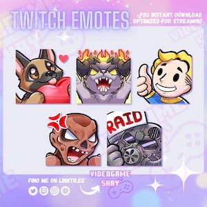 Könnte beinhalten: Eine Sammlung von Twitch-Emotes mit verschiedenen Cartoon-Charakteren. Enthält einen Hund mit Herz, einen feurigen Wolf, eine Figur mit Daumen hoch, einen wütenden Zombie und einen Roboter mit "RAID" auf dem Helm. Der Text "TWITCH EMOTES" steht oben.
