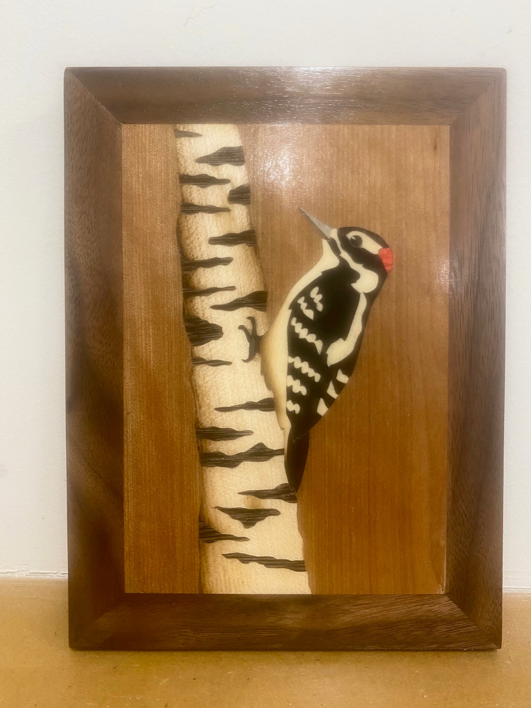 Marquetry Plaque Hairy Woodpecker Etsy