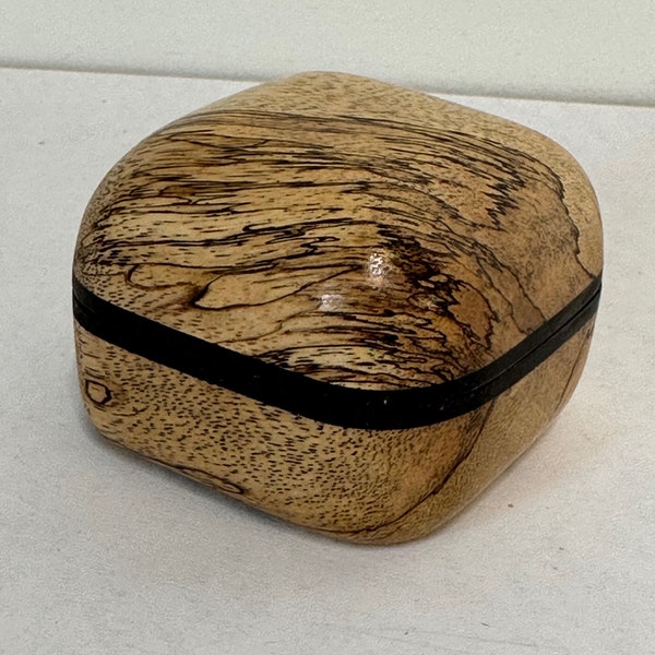 Handmade ring box of spalted tamarind.