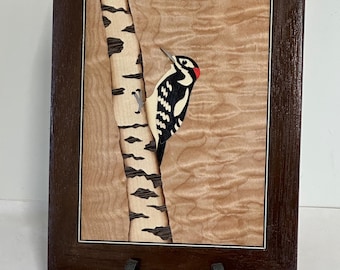 Handmade marquetry plaque hairy woodpecker