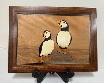 Handmade marquetry plaque Puffins