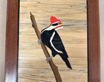 Marquetry plaque pileated woodpecker