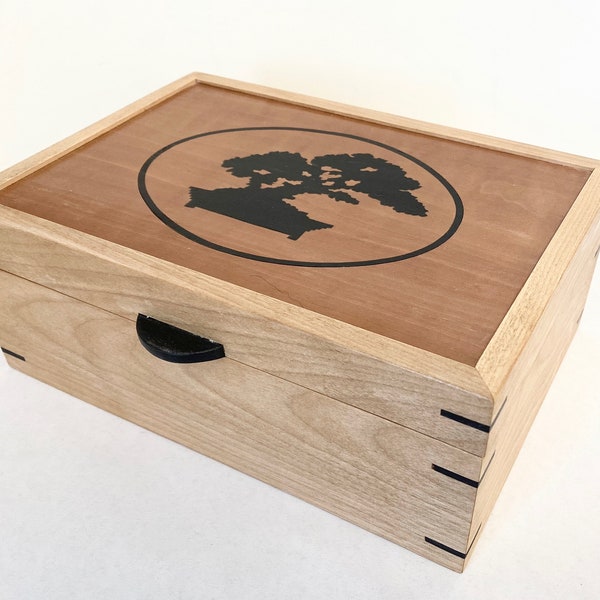 Handmade box for keepsakes or jewelry featuring marquetry image of bonsai
