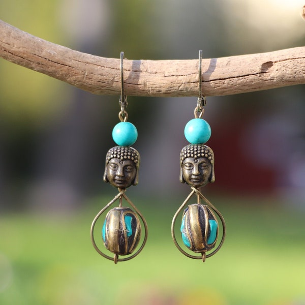 Boucles d'oreilles turquoise bouddha ethnique boho népal