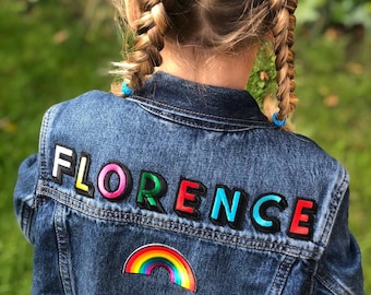 Kids Unisex Personalised Name Patch Rainbow Denim Jacket Plus Extra Patch Toddler Baby