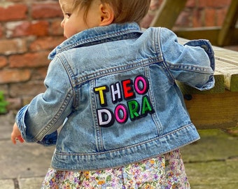 Kids Unisex Personalised Name Patch Rainbow Denim Jacket Toddler Baby