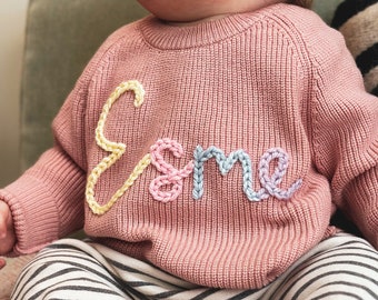 Personalised Pink Name Hand Embroidered Baby Newborn Sweater