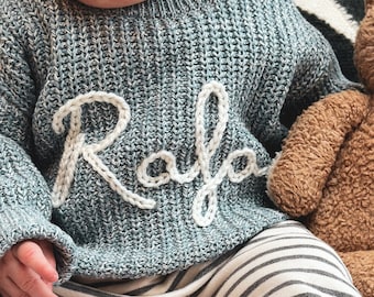 Personalised Specked Blue Name Hand Embroidered Baby Newborn Sweater