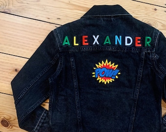 Enfants Unisexe Nom Personnalisé Patch Rainbow Black Denim Jacket Plus Extra Patch Toddler Bébé