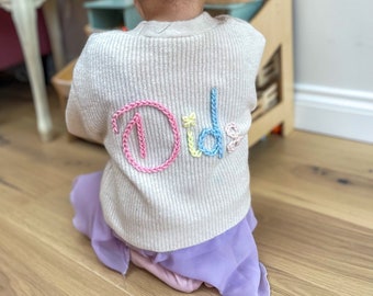 Cream White Bow Personalised Name Hand Embroidered Kids Cardigan