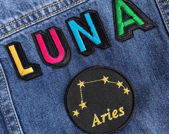 Kids Unisex Zodiac Star Sign Name Patch Rainbow Denim Jacket Toddler Baby