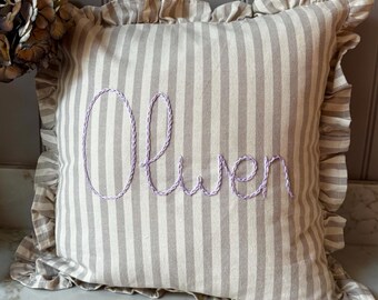 Personalised Embroidered Name Grey Stripe Cushion