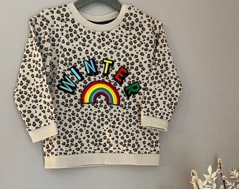 Kids Unisex Personalised Name Patch Rainbow Leopard Print Organic Cotton Customised Sweatshirt Jumper