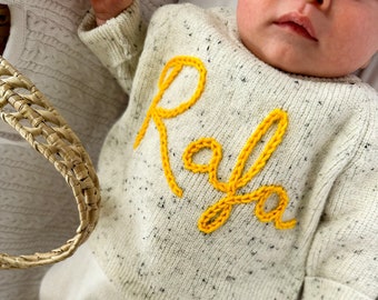 Personalised Off White Specked Name Hand Embroidered Baby Newborn Sweater