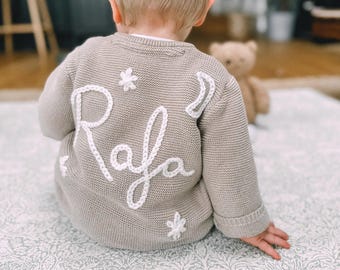 Moon And Star Soft Beige Personalised Name Hand Embroidered Baby Cardigan Celestial
