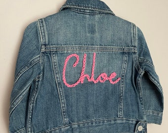 Kids Unisex Personalised Hand Embroidered Name Denim Jacket Toddler Baby