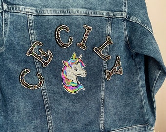 Kids Personalised Sparkly Unicorn Name Denim Jacket