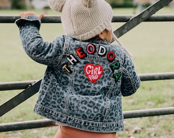 Kids Unisex Leopard Print Personalised Name Patch Rainbow Denim Jacket Plus Extra Patch Toddler Baby