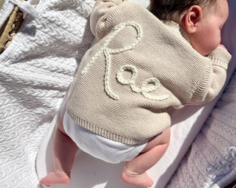 Beige Personalised Name Hand Embroidered Baby Cardigan Newborn