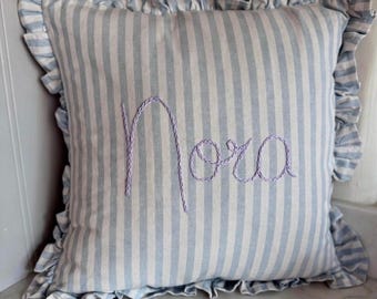 Personalised Embroidered Name Blue Stripe Scatter Cushion