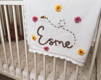 Personalised Flower Bee Name Hand Embroidered Baby Newborn Breathable Blanket