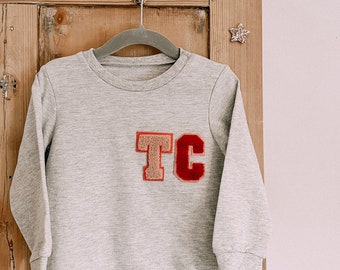 Kids Unisex Personalised Varsity Initial Patch Sweatshirt Jumper Customised Light Grey