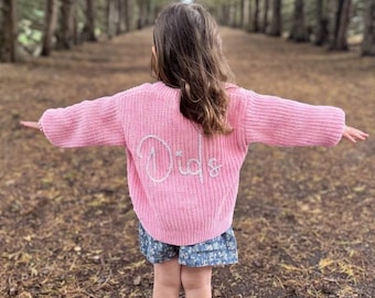 Bright Pink Personalised Name Hand Embroidered Kids Cardigan
