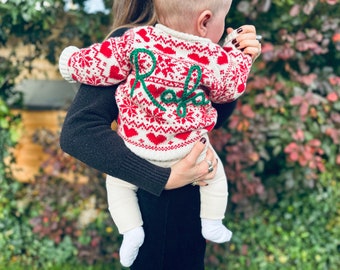 Personalised Festive Christmas Red And Cream Hand Embroidered Name Baby Cardigan